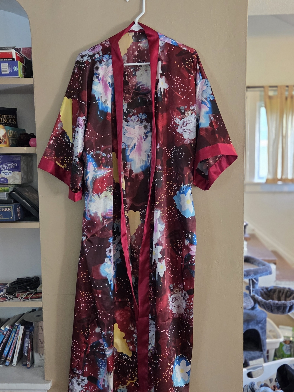 Floral Satin Kimono Robe in Burgundy with Pink Trim